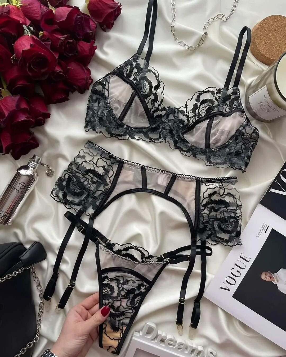 Lingerie Marcelle Sexy Renda Italiana Com Cinta Liga