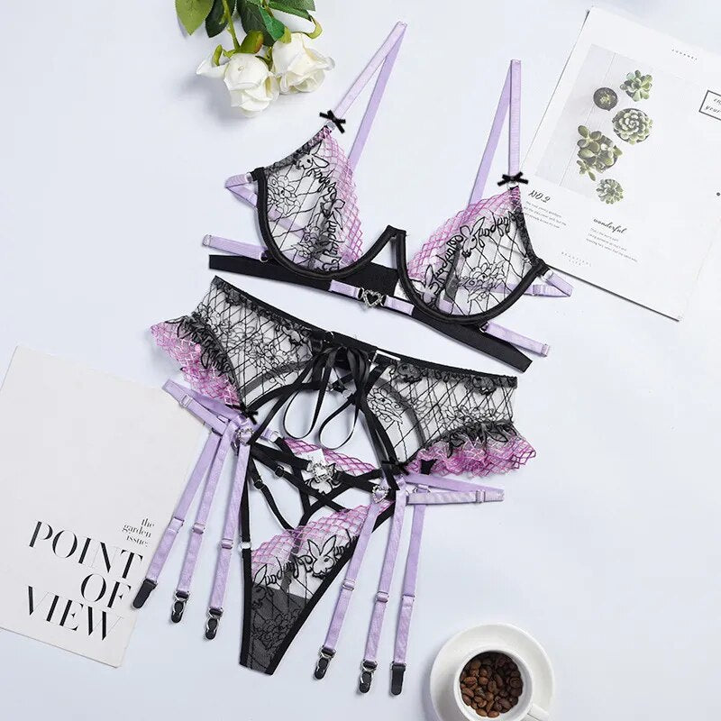 Lingerie Set 3 peas com Cinta Liga Playboy scarpaintimates Lingerie Set 3 peas com Cinta Liga Playboy scarpaintimates