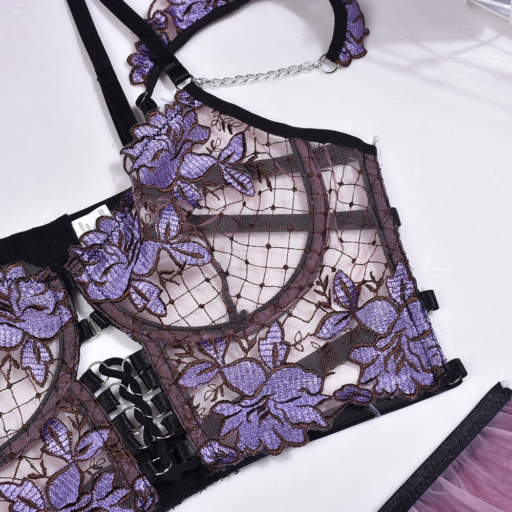 Lingerie Jeniffer Set de Renda Italiana Sexy Com Cinta Liga